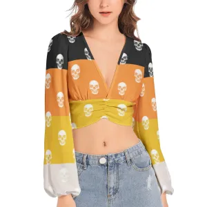 Candy Corn and Bone headsWomen's Deep V-Neck Lantern Sleeve Crop Top
