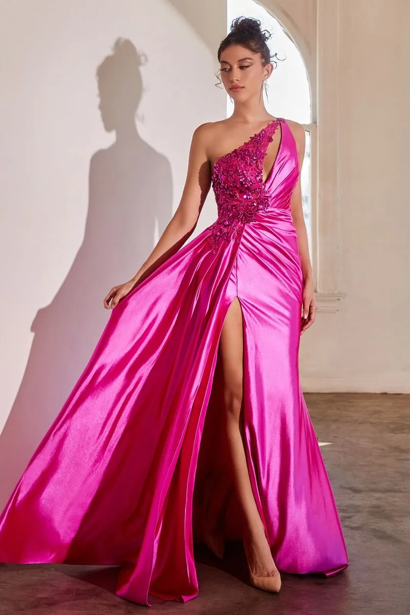 CARNIE Lace Applique One Shoulder Satin Prom & Formal Dress