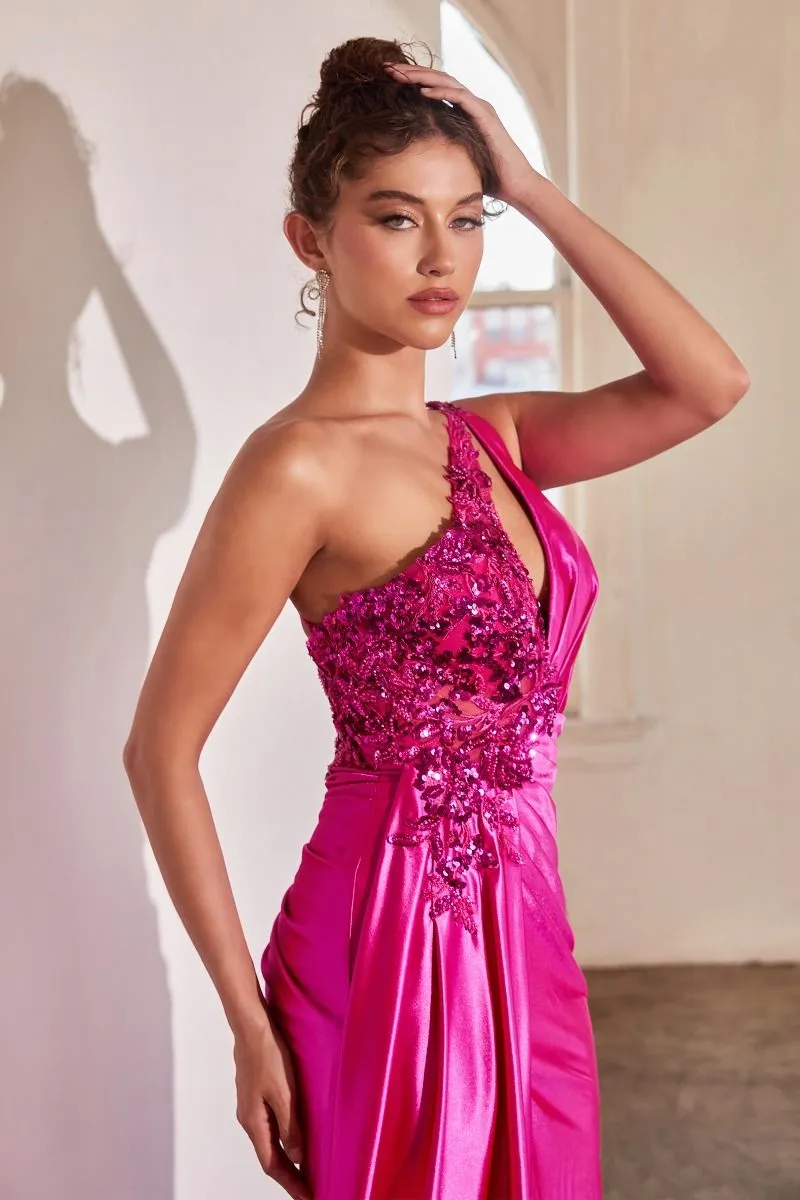 CARNIE Lace Applique One Shoulder Satin Prom & Formal Dress