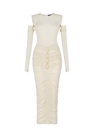 CELESTE BODYCON OPEN SHOULDER JERSEY MIDI DRESS