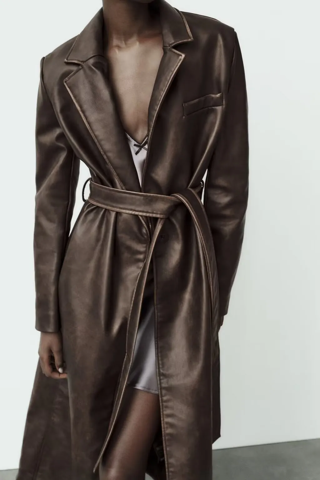 Chic Distressed Effect Faux Leather Coat – Casual Fall/Winter Outerwear