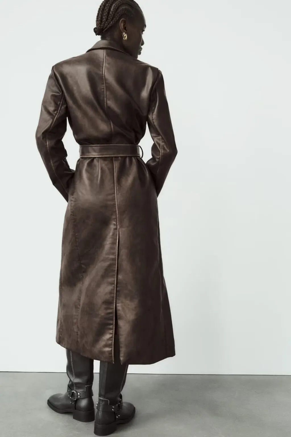 Chic Distressed Effect Faux Leather Coat – Casual Fall/Winter Outerwear