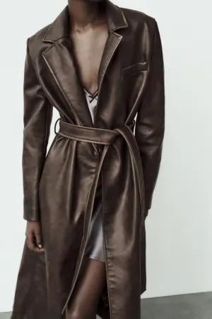 Chic Distressed Effect Faux Leather Coat – Casual Fall/Winter Outerwear