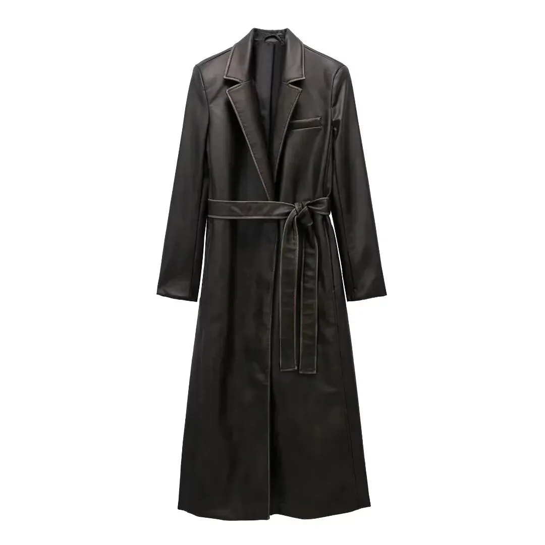 Chic Distressed Effect Faux Leather Coat – Casual Fall/Winter Outerwear