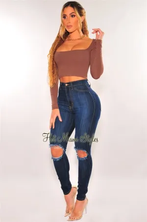Dark Denim Ripped Knee High Waist Skinny Jeans