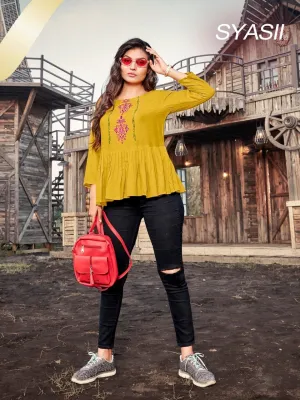 Designer Rayon Yellow tunic top for Woman