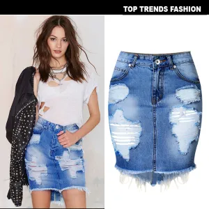 European and American women's high waist slim hole ladies denim bag hip skirt - Women's Bottom