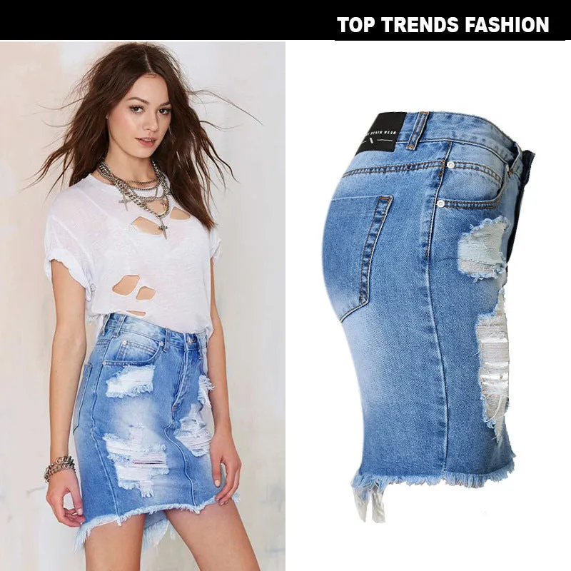 European and American women's high waist slim hole ladies denim bag hip skirt - Women's Bottom