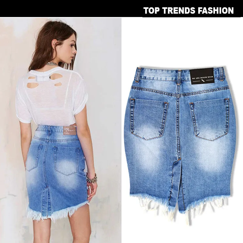 European and American women's high waist slim hole ladies denim bag hip skirt - Women's Bottom