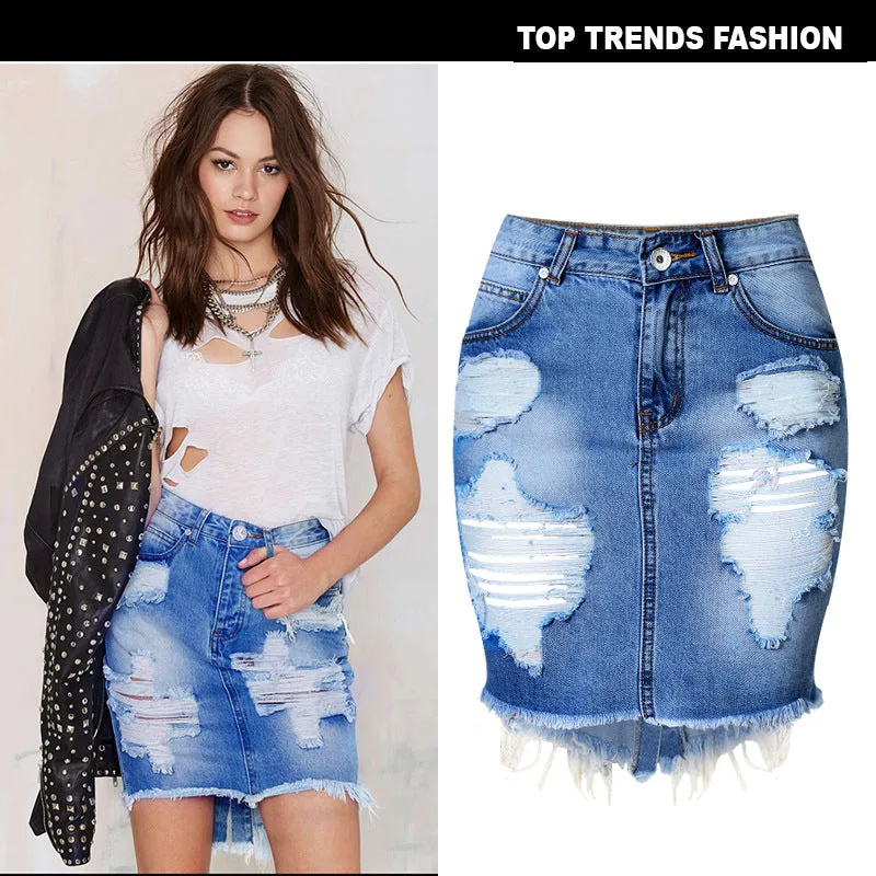 European and American women's high waist slim hole ladies denim bag hip skirt - Women's Bottom