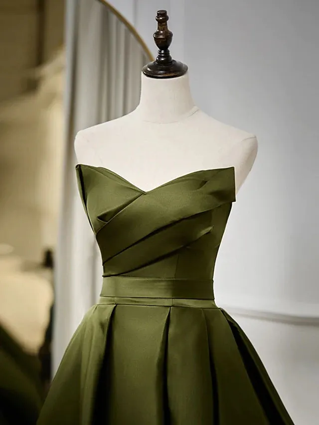 Evening Gown Sexy Dress Formal Floor Length Sleeveless Strapless Satin with Pleats Strappy