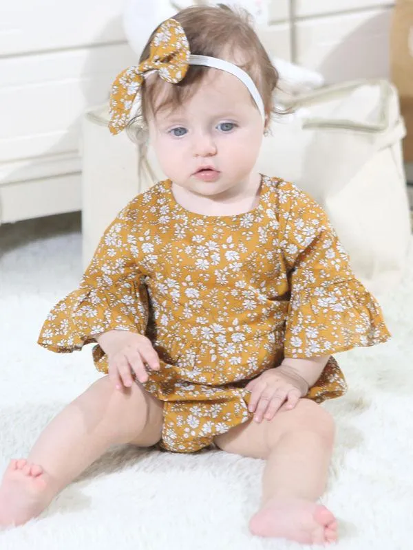 Floral Short Bell-sleeve Baby Girl Bodysuit Bow Onesie
