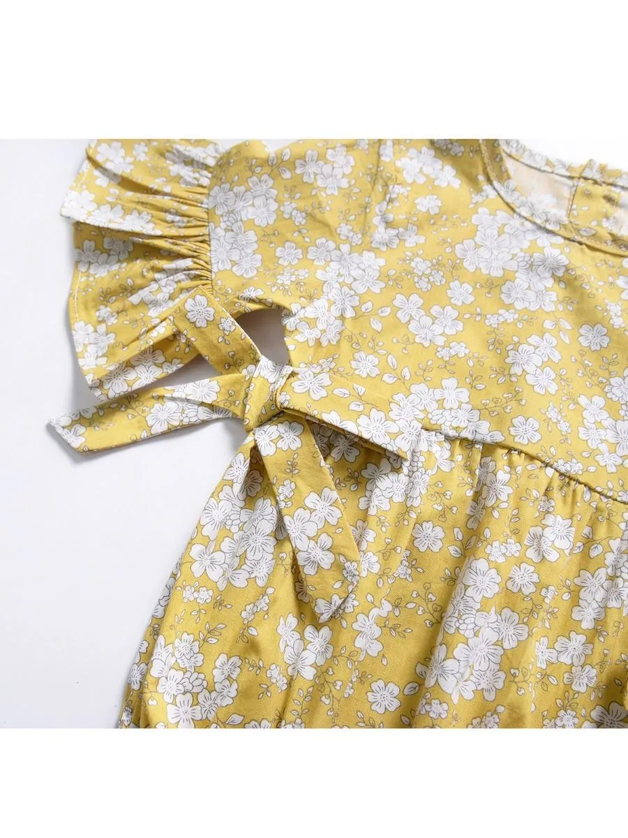 Floral Short Bell-sleeve Baby Girl Bodysuit Bow Onesie