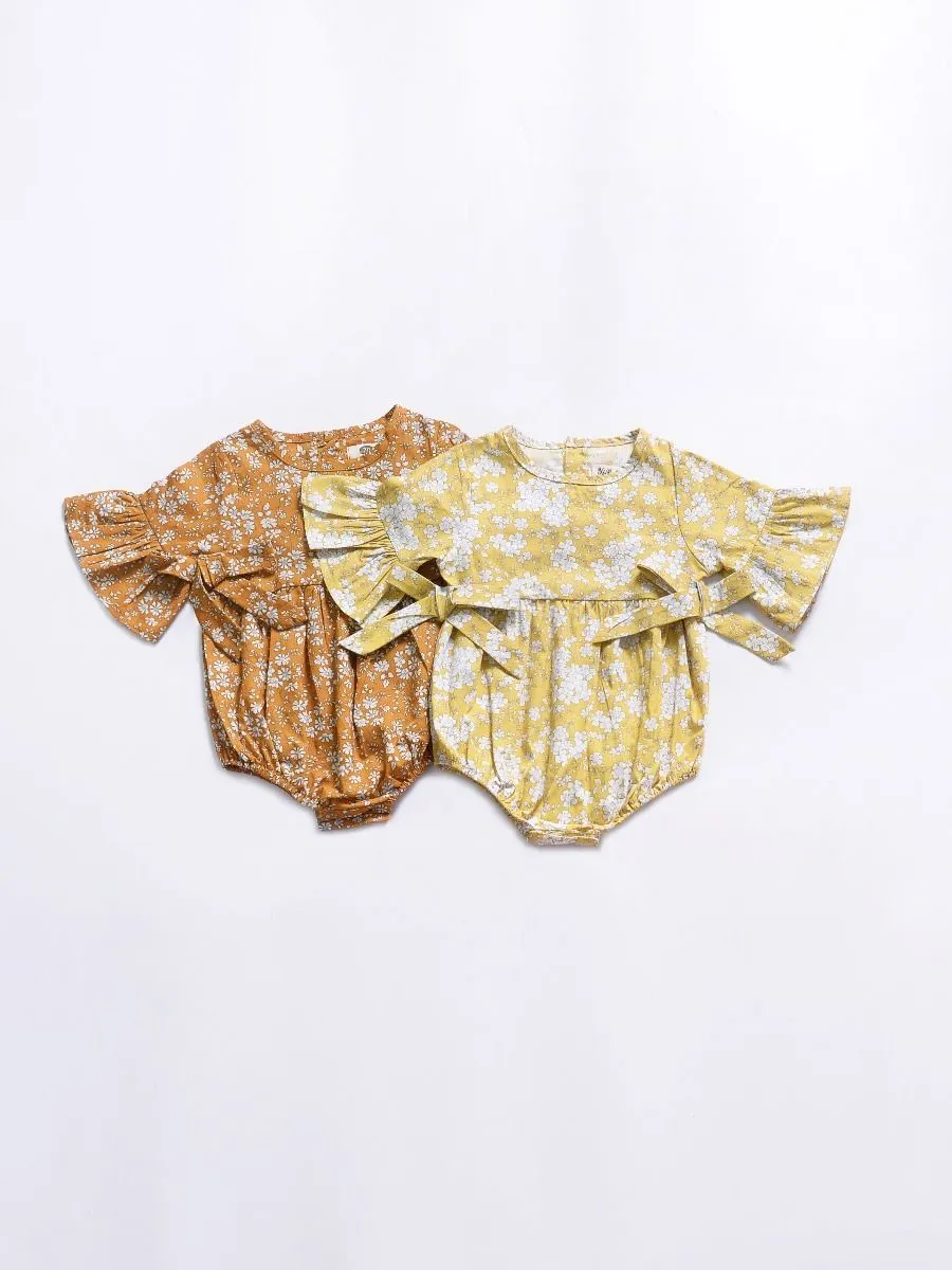 Floral Short Bell-sleeve Baby Girl Bodysuit Bow Onesie