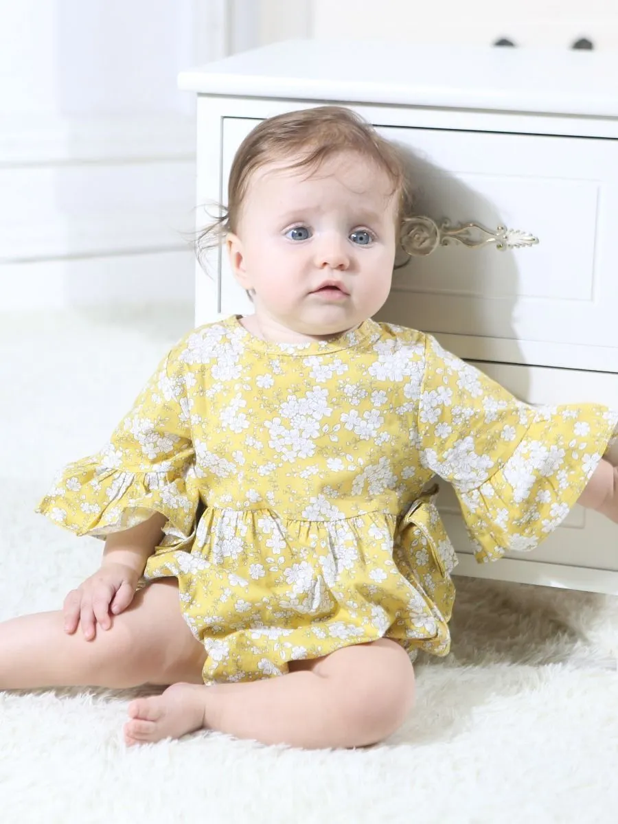 Floral Short Bell-sleeve Baby Girl Bodysuit Bow Onesie