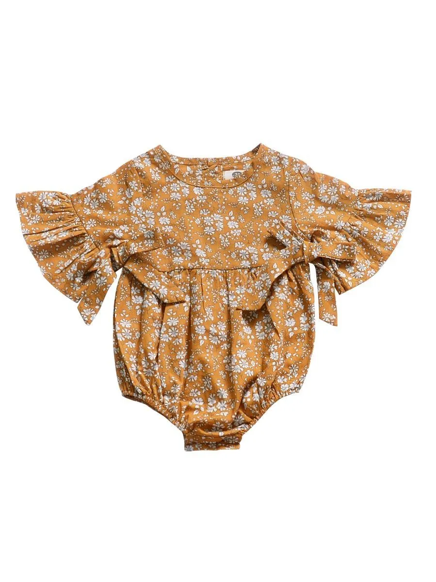 Floral Short Bell-sleeve Baby Girl Bodysuit Bow Onesie