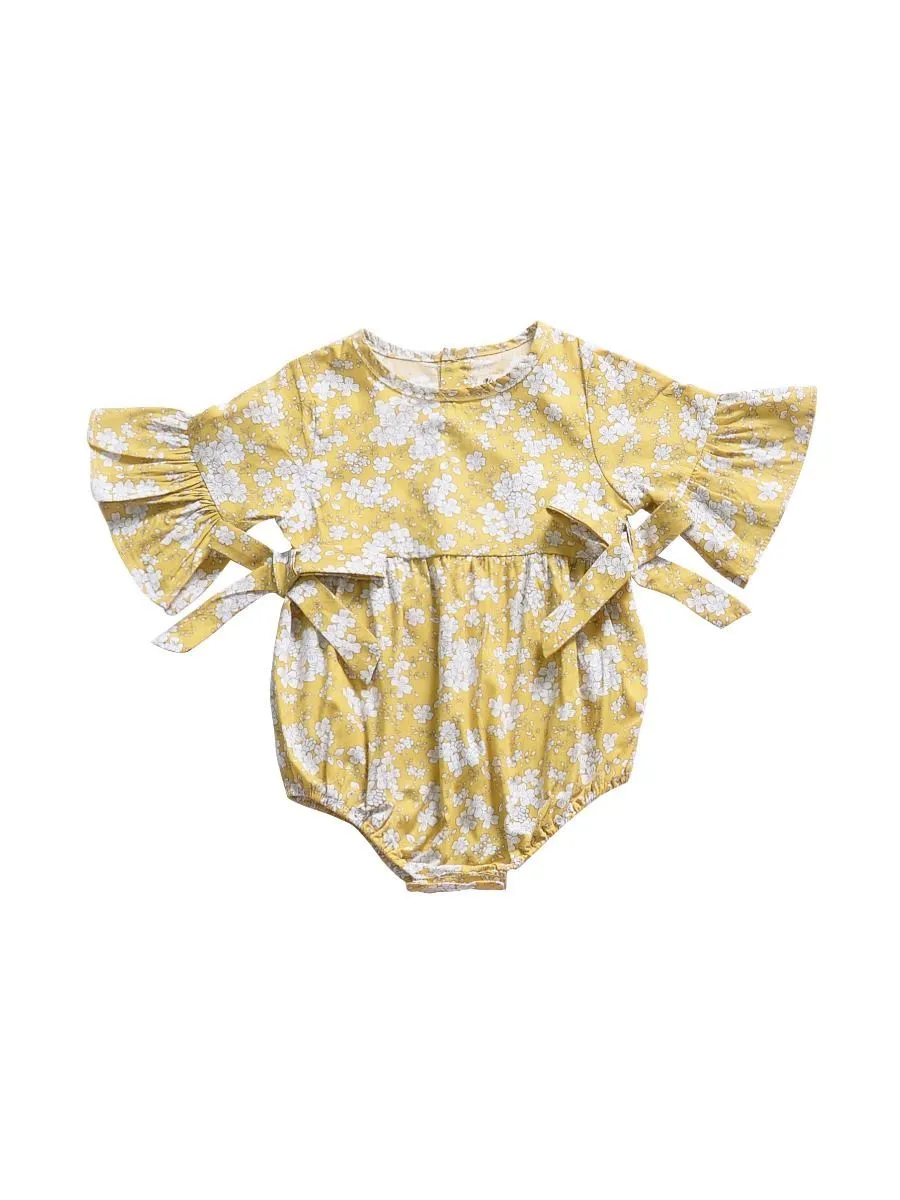 Floral Short Bell-sleeve Baby Girl Bodysuit Bow Onesie