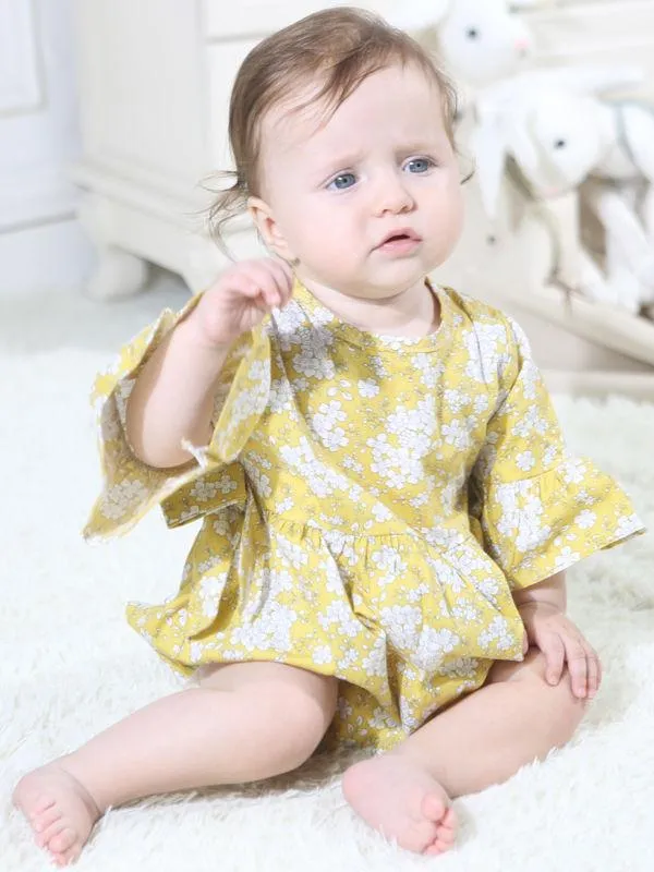 Floral Short Bell-sleeve Baby Girl Bodysuit Bow Onesie