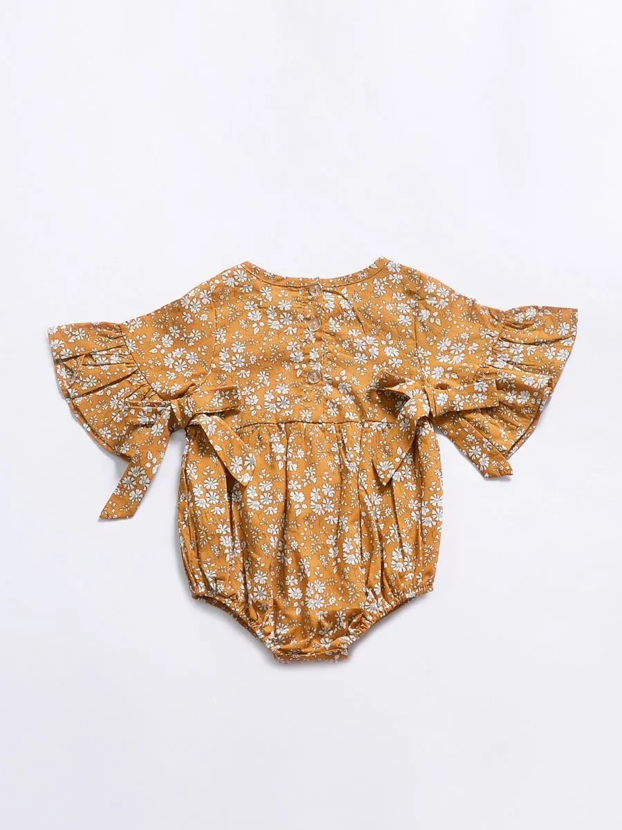 Floral Short Bell-sleeve Baby Girl Bodysuit Bow Onesie