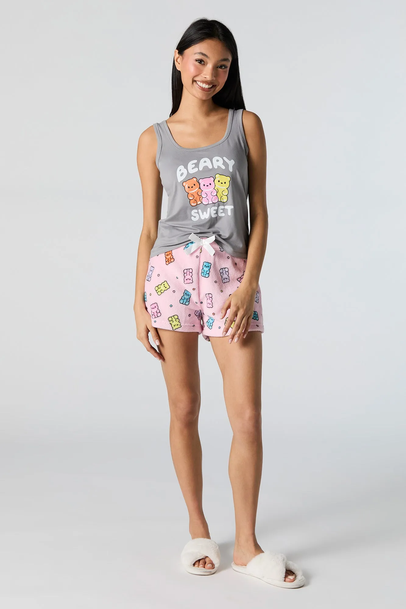 Graphic Tank and Plush Short 2 Piece Pajama Set