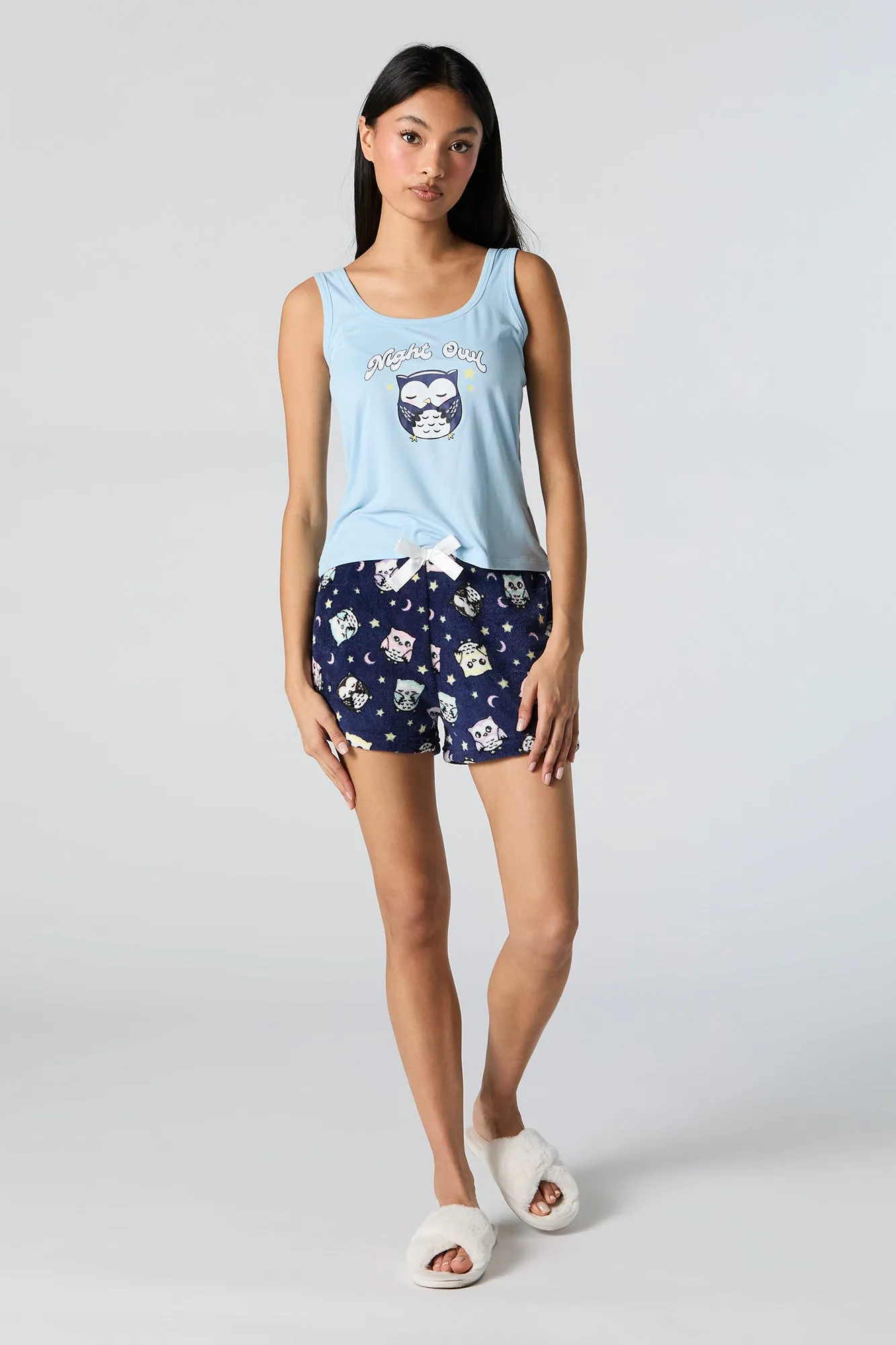 Graphic Tank and Plush Short 2 Piece Pajama Set