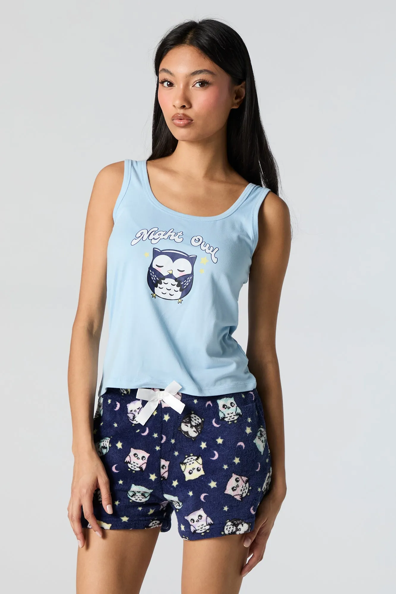 Graphic Tank and Plush Short 2 Piece Pajama Set