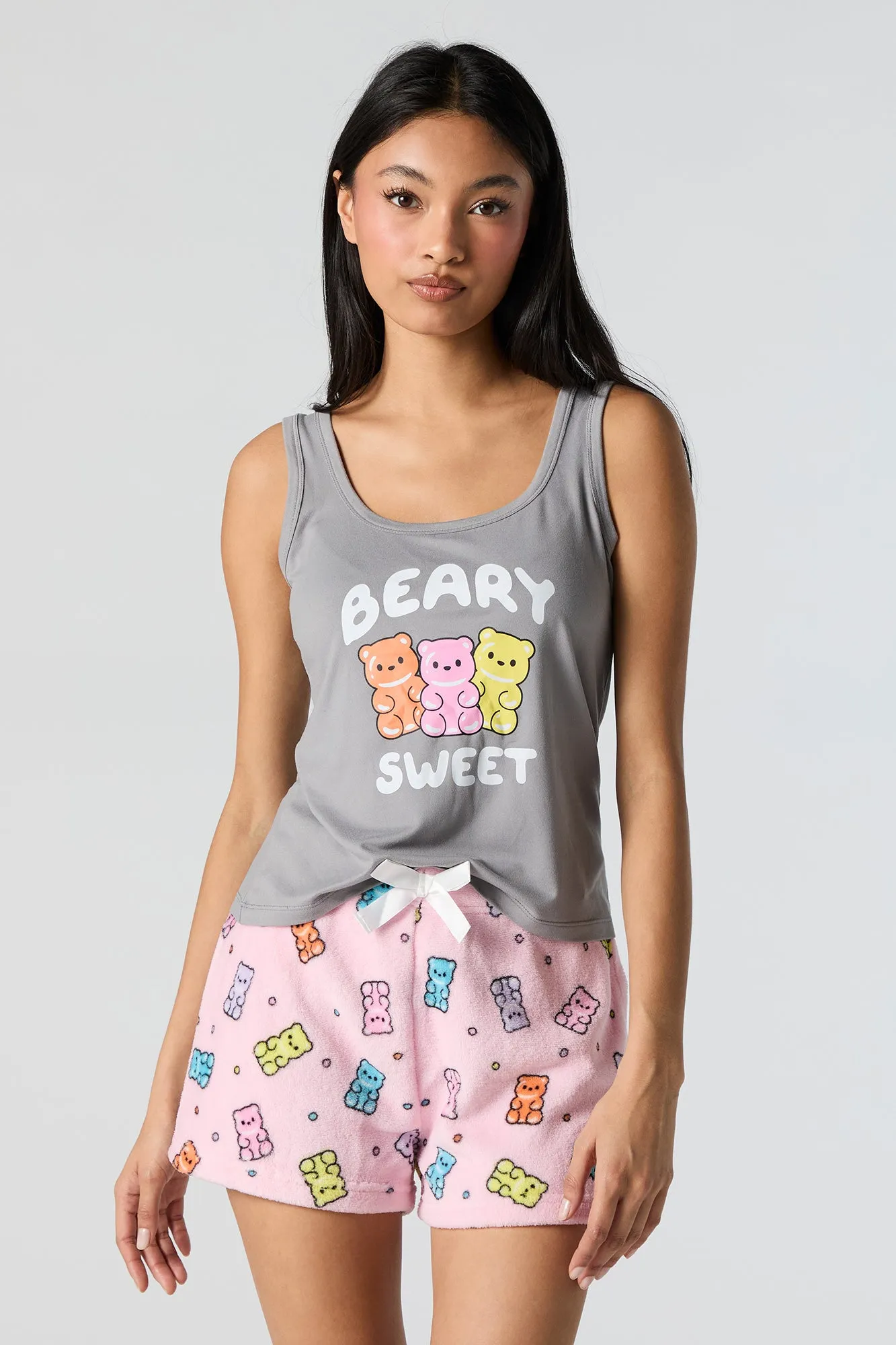 Graphic Tank and Plush Short 2 Piece Pajama Set