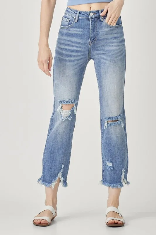 High Rise Distressed Straight Jeans