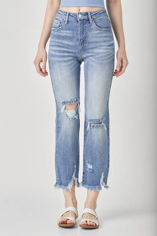High Rise Distressed Straight Jeans