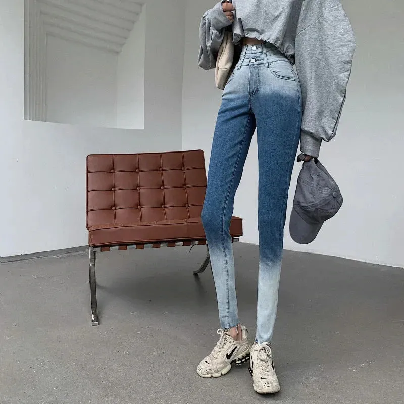 High Waist Gradient Color Skinny Thin Long Jeans
