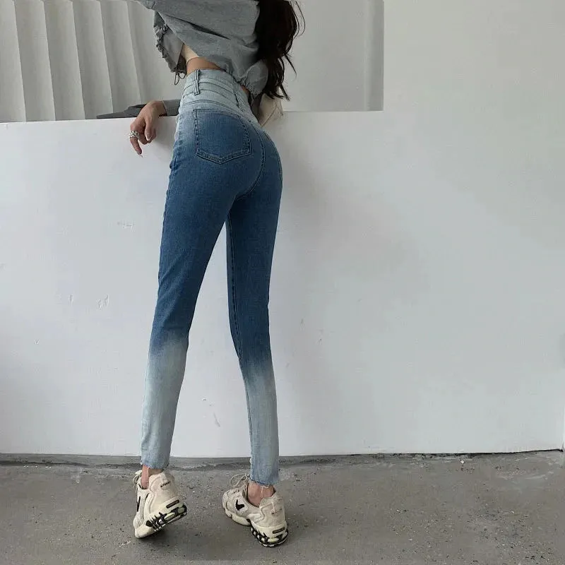 High Waist Gradient Color Skinny Thin Long Jeans