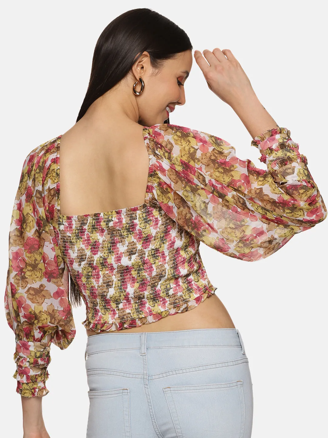 IS.U Floral Multicolor Smocked Crop Top