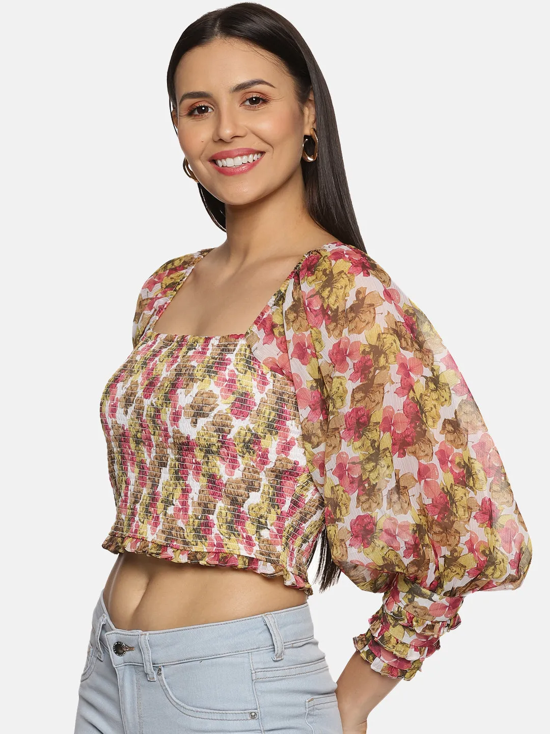 IS.U Floral Multicolor Smocked Crop Top