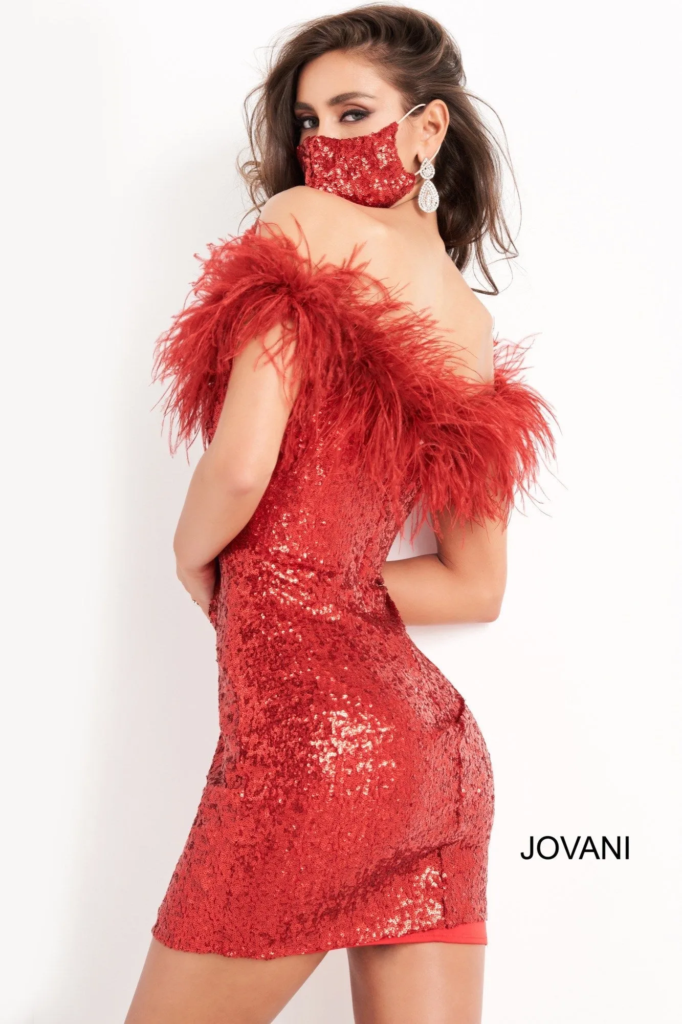 Jovani 06167 Size 14 Red Fitted Off the Shoulder Feather Sequin Cocktail Dress Formal Short Gown
