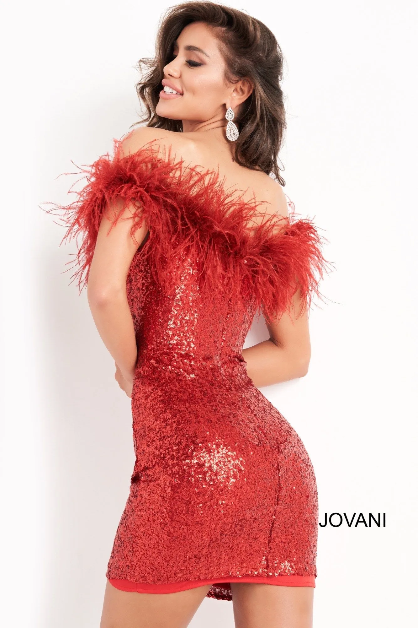 Jovani 06167 Size 14 Red Fitted Off the Shoulder Feather Sequin Cocktail Dress Formal Short Gown