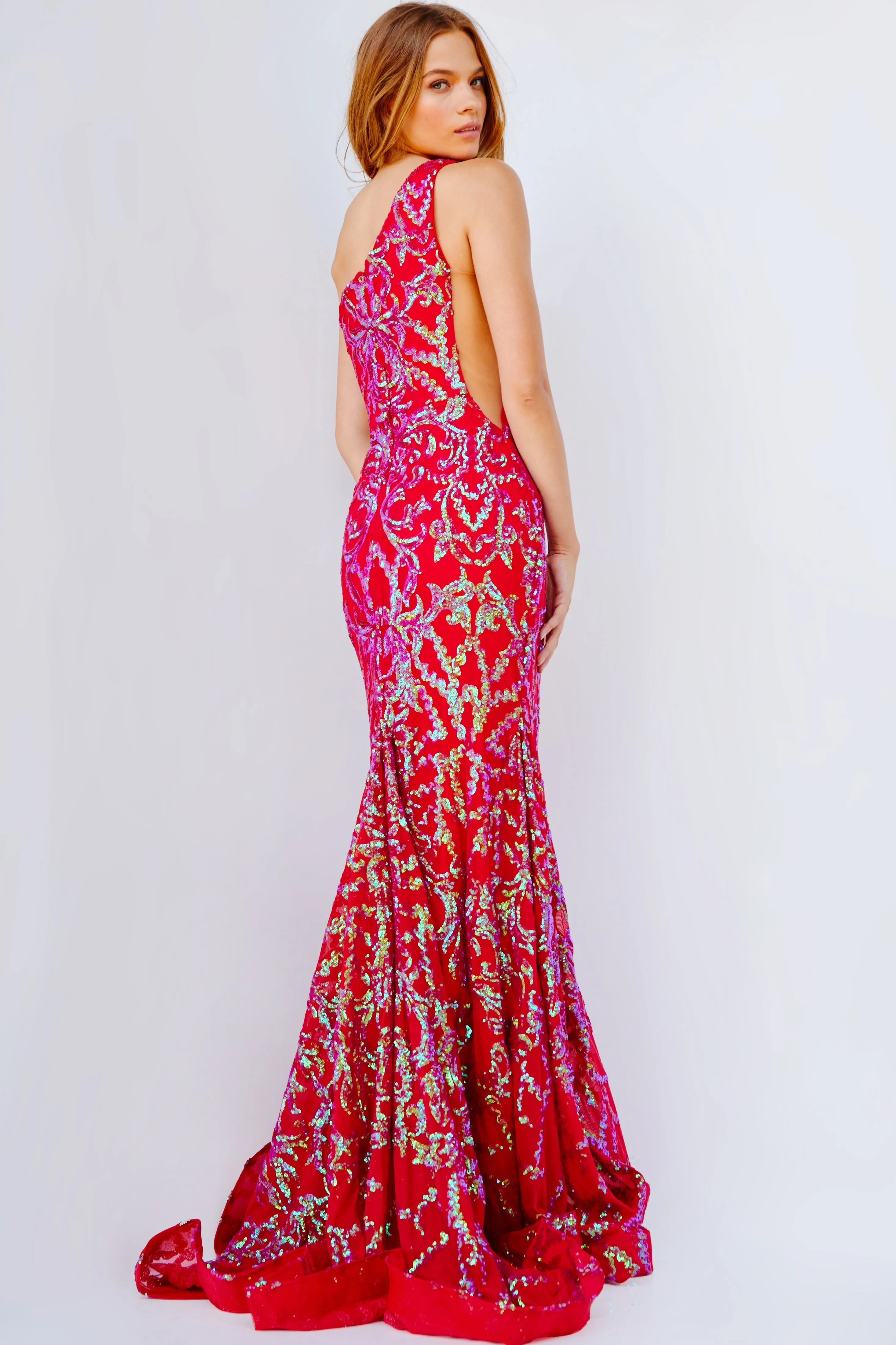Jovani 22845 Long Fitted Mermaid One Shoulder Prom Dress Iridescent Sequin Pageant Gown