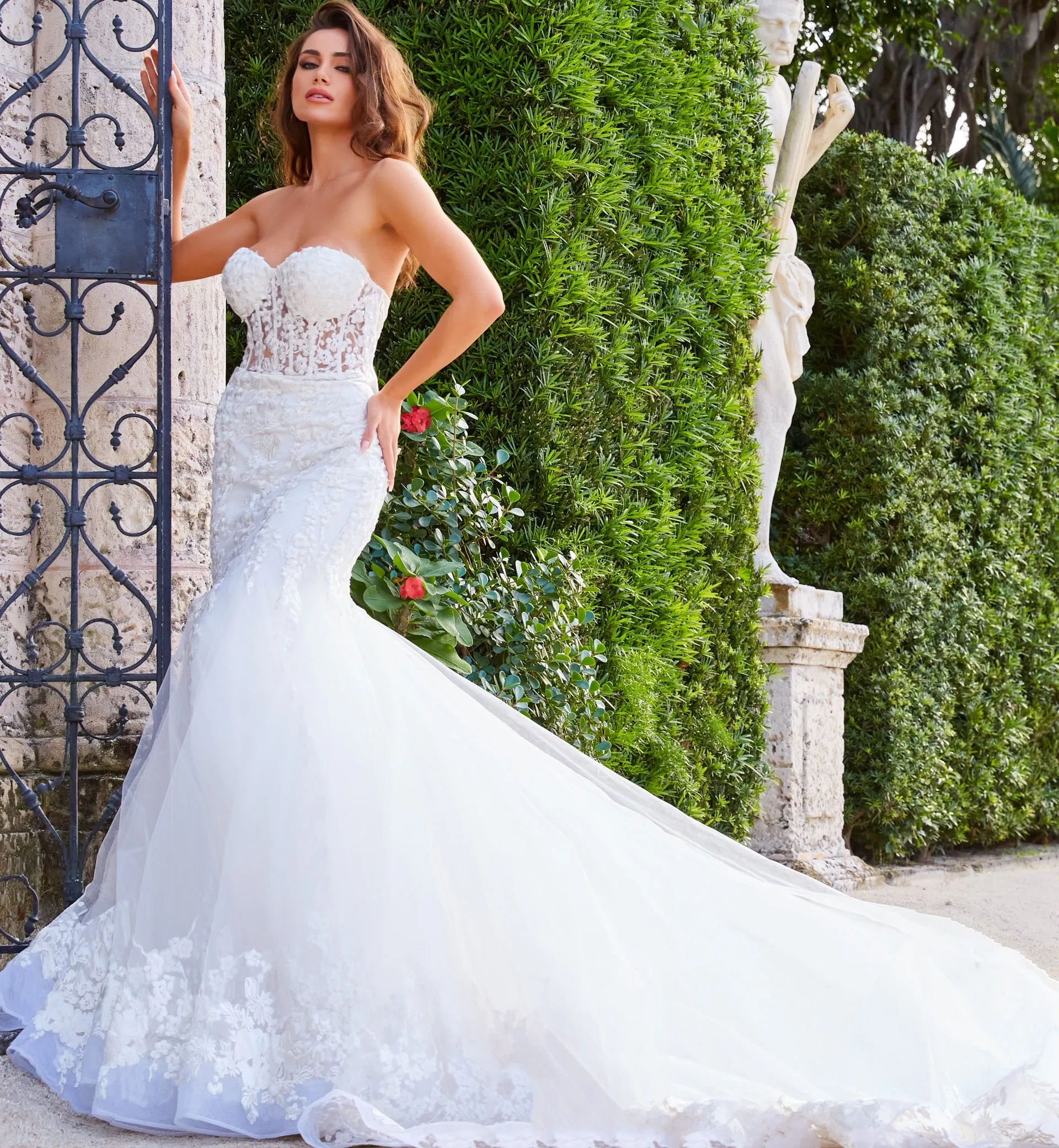 Jovani Bridal JB07260 Sheer Corset Lace Mermaid Wedding Dress Bridal Gown Train Strapless