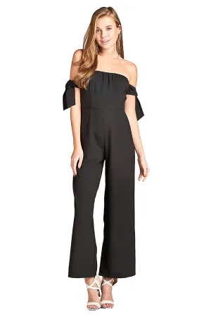 Khanomak Elasticized Hem Tube Self-Tie Bow Sleeves Wide Palazzo Leg With Back Zipper Jumpsuit
