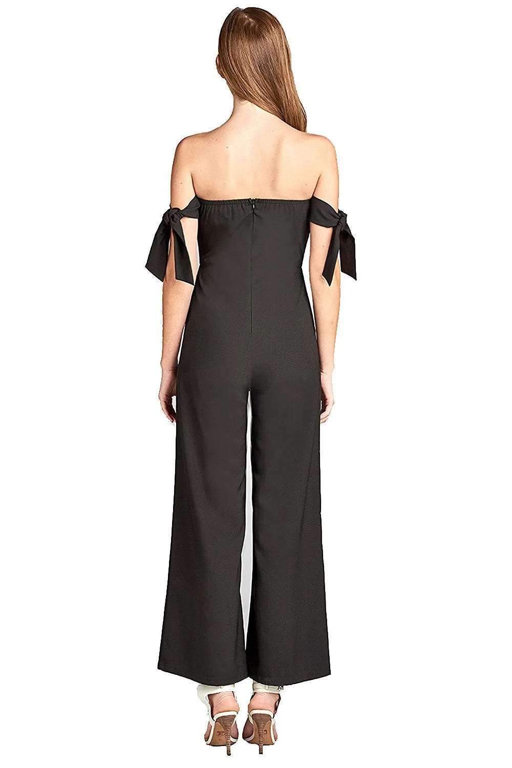 Khanomak Elasticized Hem Tube Self-Tie Bow Sleeves Wide Palazzo Leg With Back Zipper Jumpsuit
