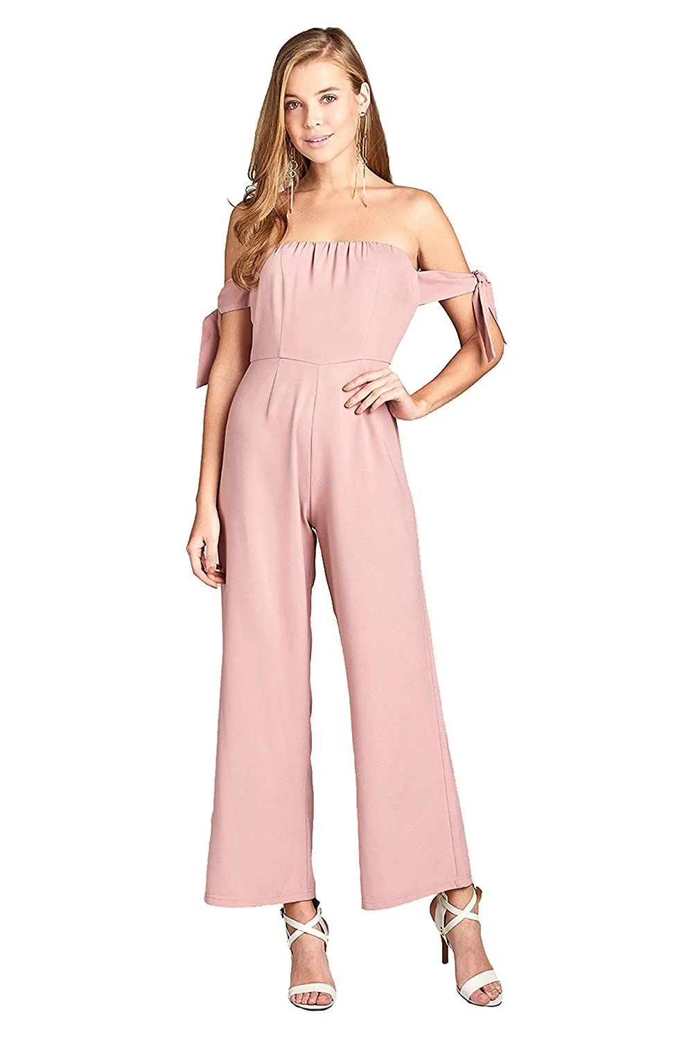 Khanomak Elasticized Hem Tube Self-Tie Bow Sleeves Wide Palazzo Leg With Back Zipper Jumpsuit