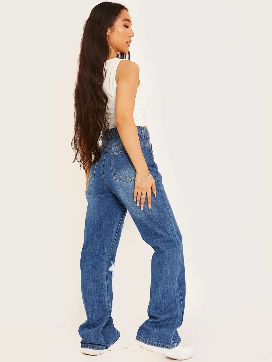 Kristen Ripped Knee Flapper Jeans In Blue