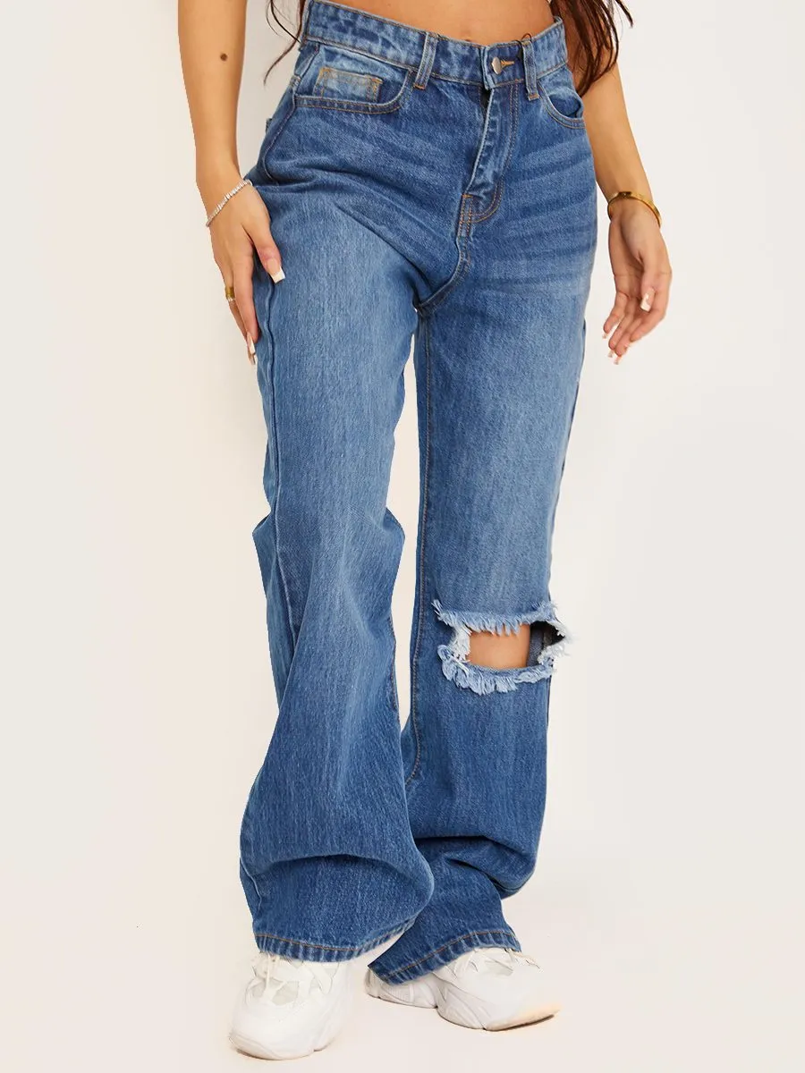 Kristen Ripped Knee Flapper Jeans In Blue