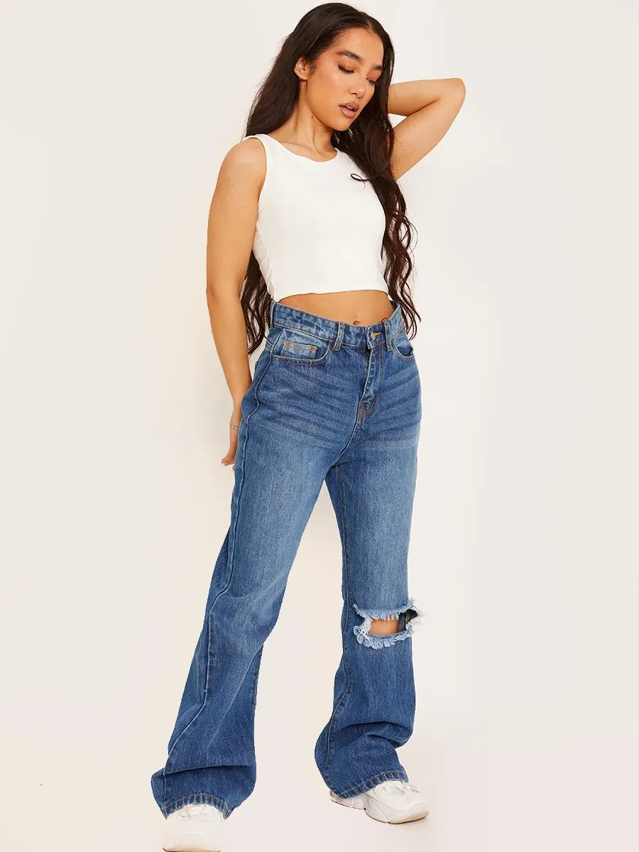 Kristen Ripped Knee Flapper Jeans In Blue