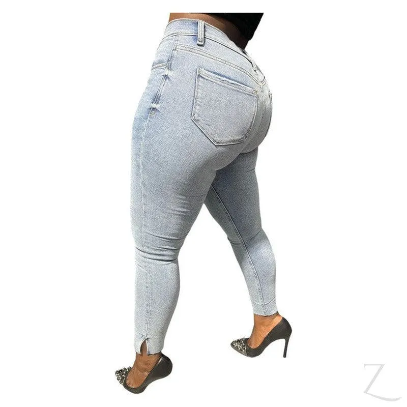 Ladies Super Strong Stretchy Skinny Plain Denim Jeans | Slit Cropped Hem | "Barbie"