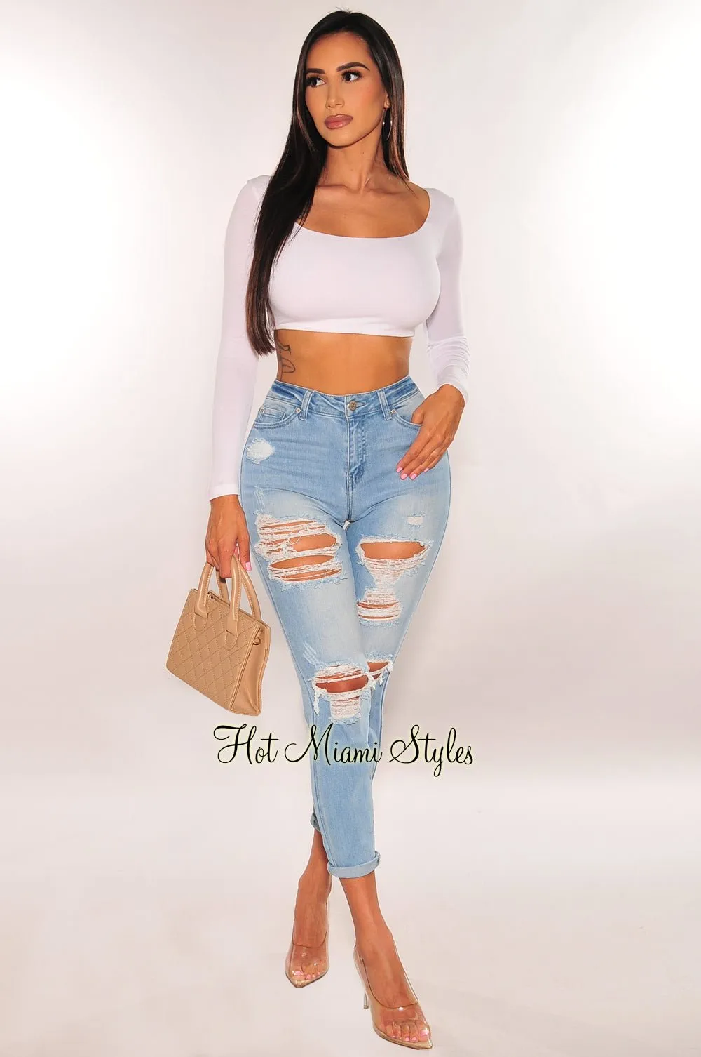 Light Denim High Waist Destroyed Skinny Ankle Jeans