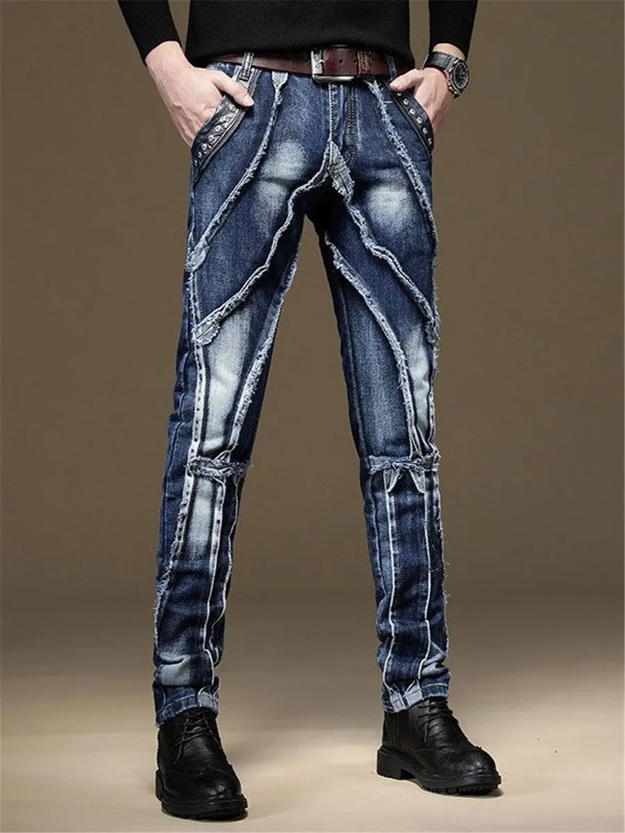LONGBIDA Denim Street Pants Ripped Jeans Slim Fit Men Patchwork Blue