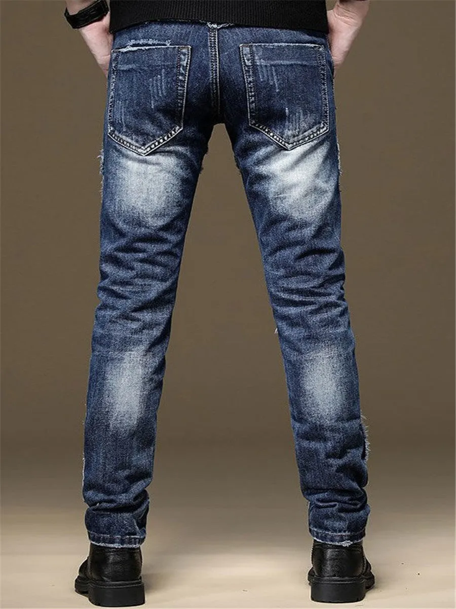 LONGBIDA Denim Street Pants Ripped Jeans Slim Fit Men Patchwork Blue