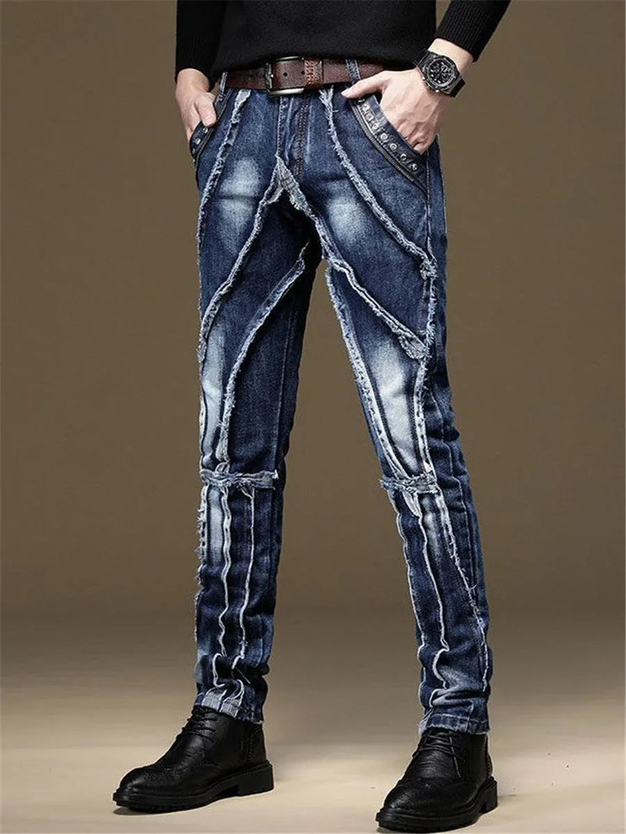 LONGBIDA Denim Street Pants Ripped Jeans Slim Fit Men Patchwork Blue
