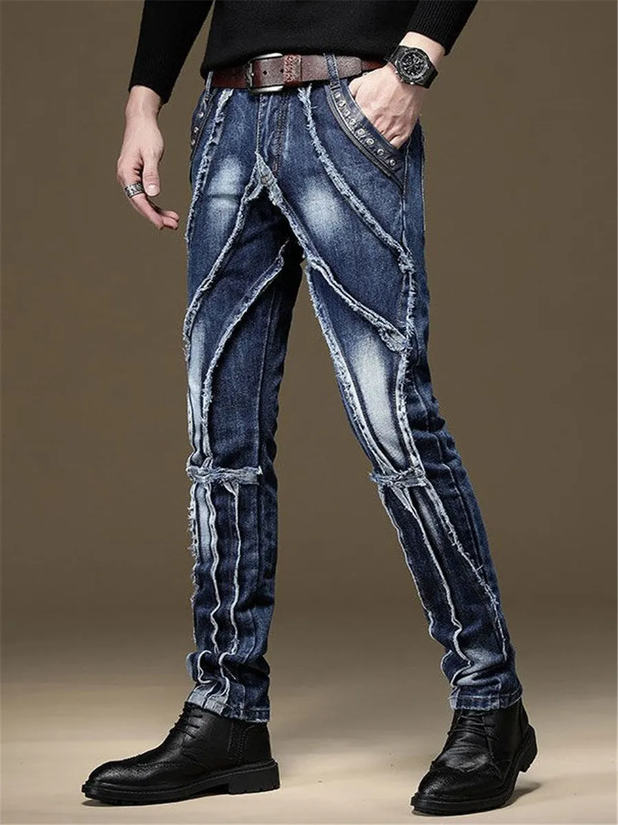 LONGBIDA Denim Street Pants Ripped Jeans Slim Fit Men Patchwork Blue