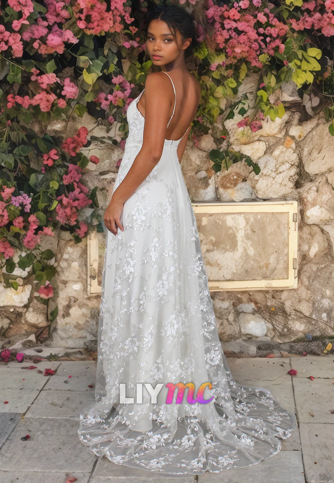 LW069 - Elegant Spaghetti Straps Lace Satin A Line Long Wedding Dress With Slit